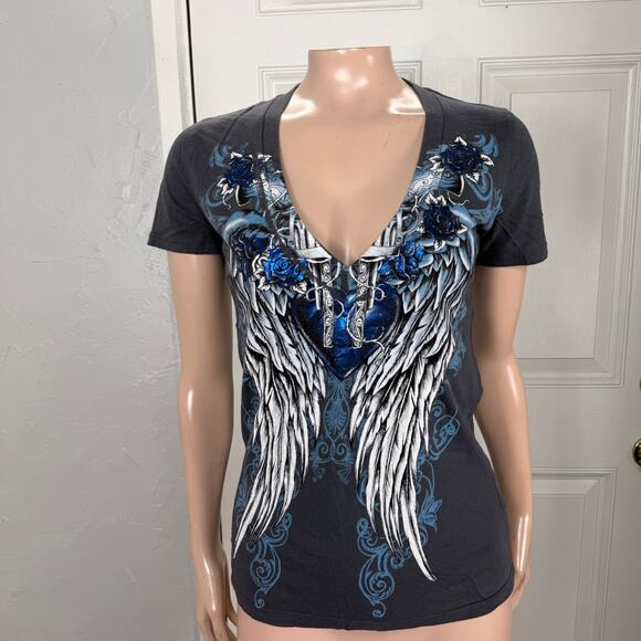 Brad Butter Tops - Vintage y2K Brad Butter Shirt Medium Biker Wings Cotton T-shirt S/S Floral X4-10